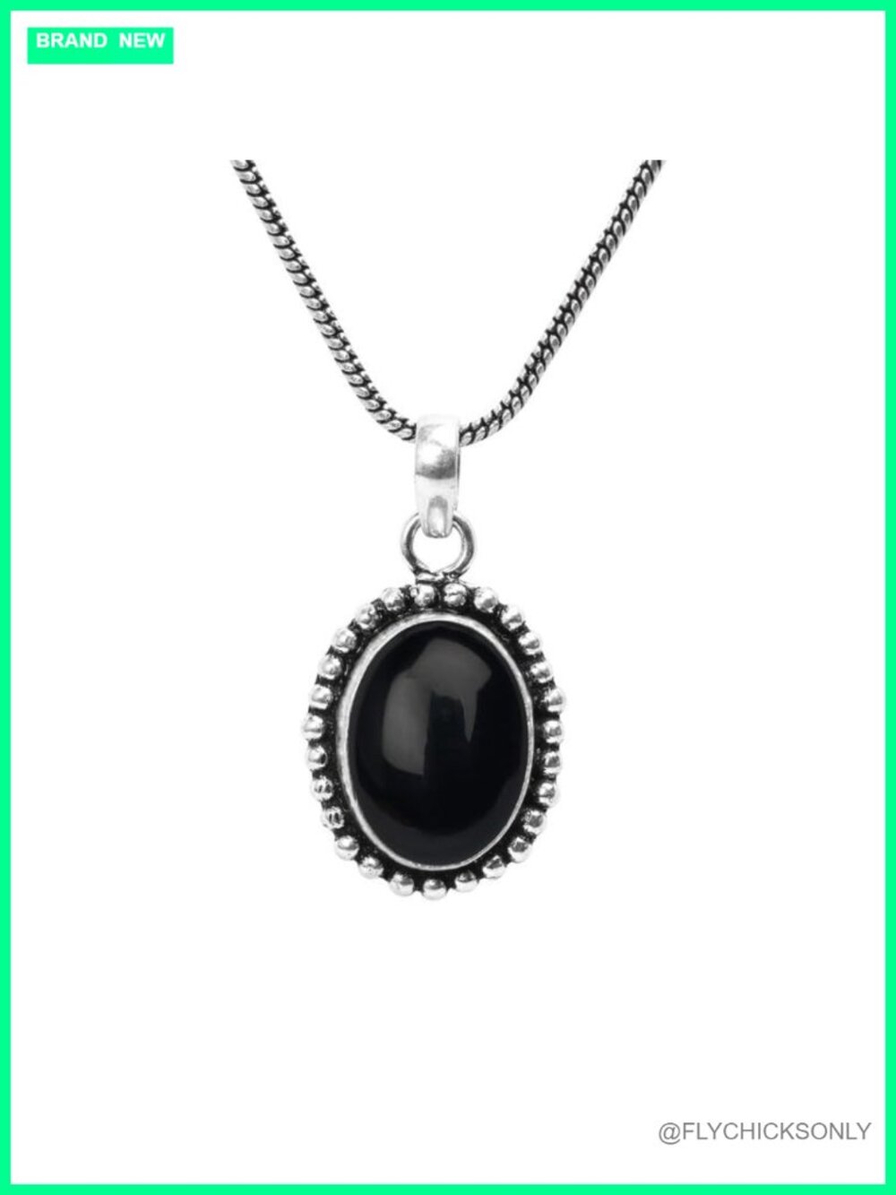 Natural Black Onyx Oval Pendant Necklace 22cm Snake Chain Silver Overlay